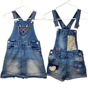 Girls Overalls Bundle Pair of 2 medium 7/8 Overall shorts and puppy dog dress